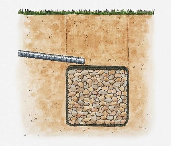 Illustration of underground drainage pipe with gravel