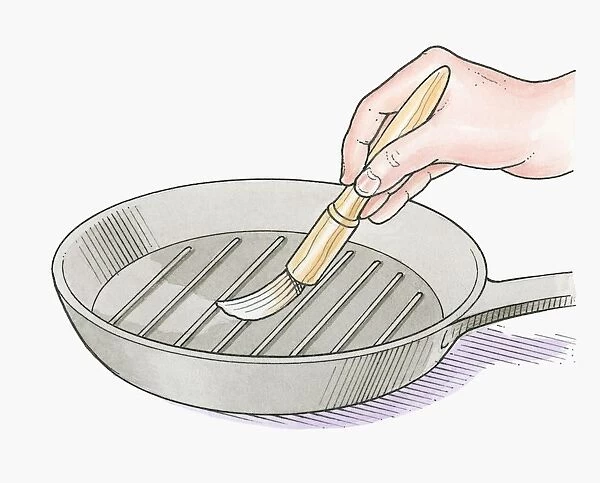 Illustration of using basting brush to oil frying pan