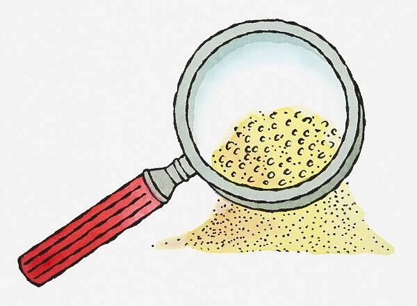 Illustration of using magnifying glass to look closely at grains of sand in heap