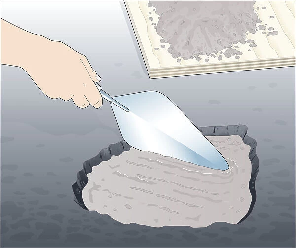 Illustration of using masonry trowel to repair hole in asphalt path with concrete