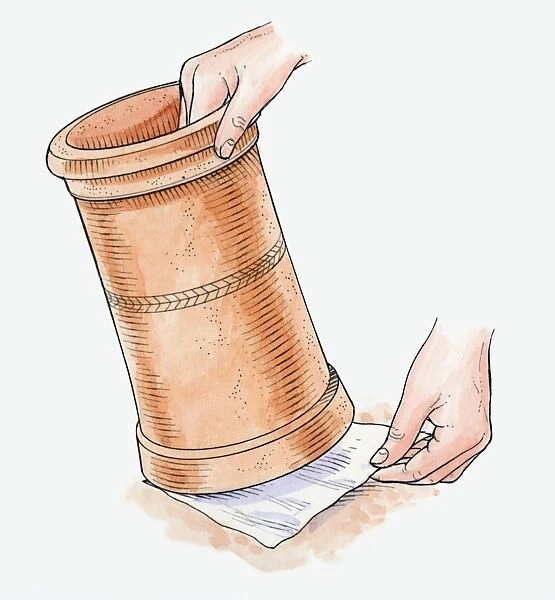 Illustration of using piece of netting below old terracotta chimney pot to prevent pests from enteri