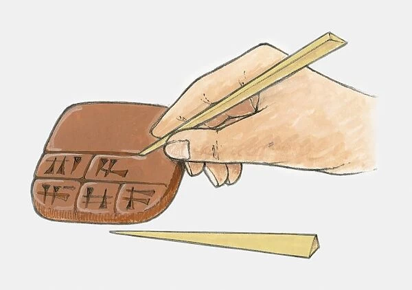 Illustration of using reed pen to write Sumerian cuneiform script on clay tablet