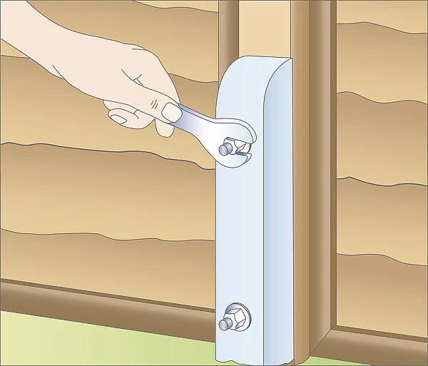 Illustration of using spanner to fasten spur to wooden fence post with galvanized bolt