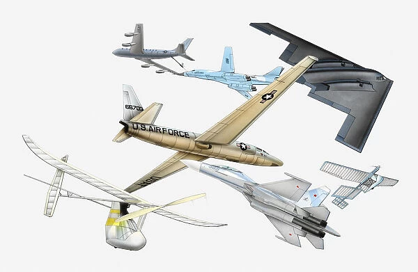Illustration of various aircraft, Douglas DC-8 refuelling a B-1 aircraft mid-air, U-2 spy plane, B-2 stealth bomber, MIT Daedalus, Sukhoi Su-27, Solar Challenger
