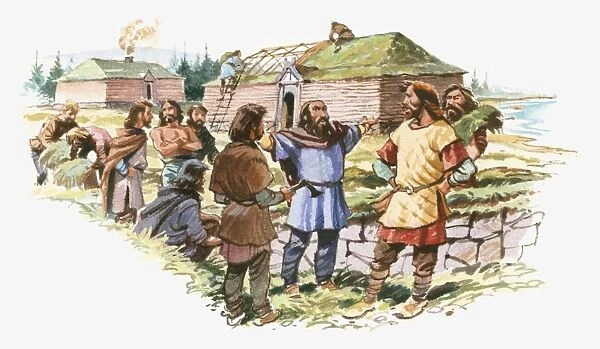 Illustration of Viking Leif Eriksson talking to men as his crew build houses