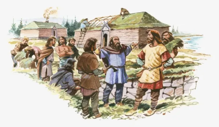 Framed Print : Illustration of Viking Leif Eriksson talking to men as his crew build houses Framed Print : Illustration of Viking Leif Eriksson talking to men as his crew build houses