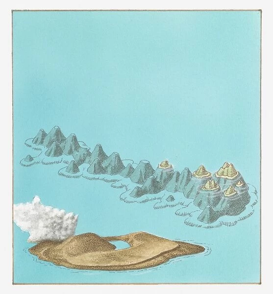 Illustration of volcanic island of Surtsey (belonging to Iceland) and Hawaiian Islands chain