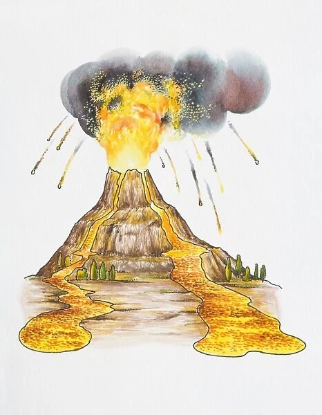 Illustration of volcano with ash cloud above erupting, molten lava, and larva flowing below