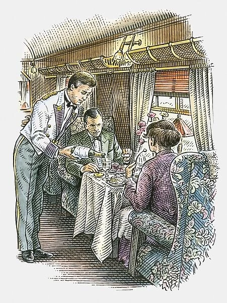Illustration of waiter serving champagne to passengers in luxury train carriage