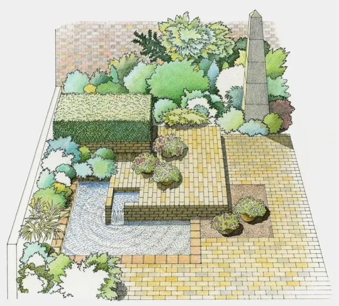 Framed Print : Illustration of a walled, paved patio garden with pond and sculptural feature Framed Print : Illustration of a walled, paved patio garden with pond and sculptural feature