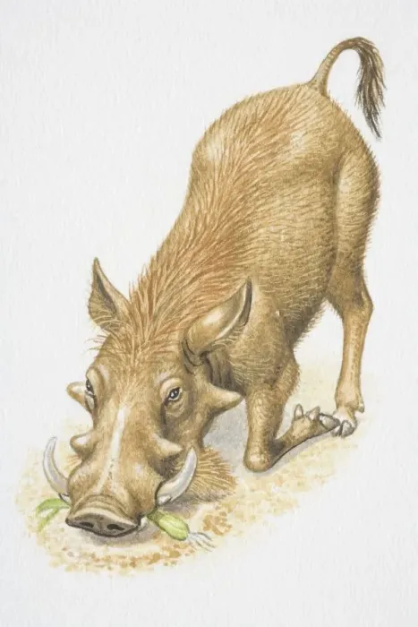 Framed Print : Illustration, Warthog (Phacochoerus africanus) kneeling with bent forelegs, eating root vegetable, front view Framed Print : Illustration, Warthog (Phacochoerus africanus) kneeling with bent forelegs, eating root vegetable, front view