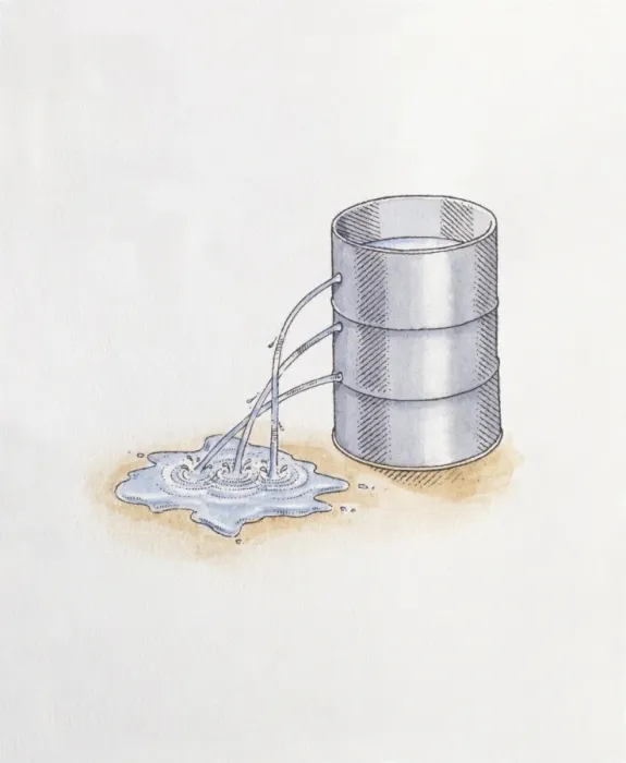 Framed Print : Illustration of water flowing from holes in metal barrel at different heights demonstrating hydrostatic pressure Framed Print : Illustration of water flowing from holes in metal barrel at different heights demonstrating hydrostatic pressure