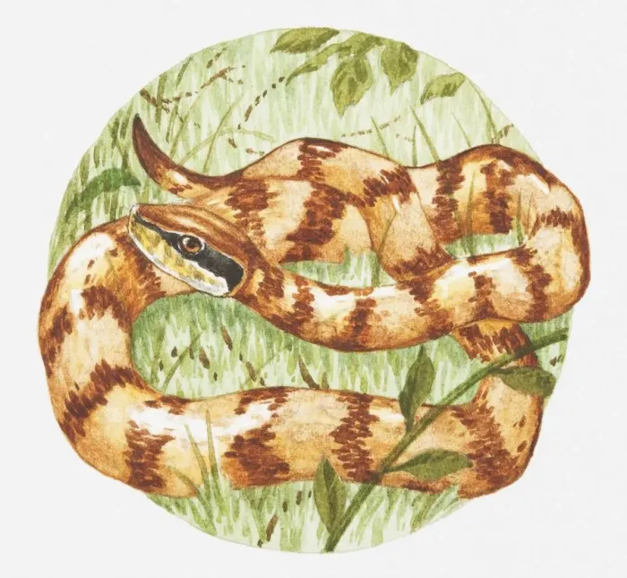 Framed Print : Illustration of Water moccasin (Agkistrodon piscivorus) snake in grass Framed Print : Illustration of Water moccasin (Agkistrodon piscivorus) snake in grass