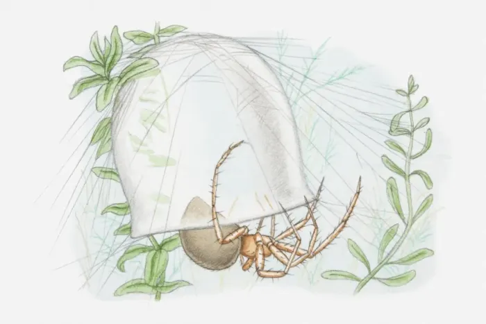 Framed Print : Illustration of a Water spider (Argyroneta aquatica) with bell-shaped web underwater