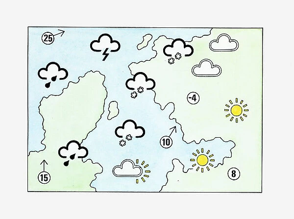 Illustration of weather chart showing rain lightning, cloud and sunshine