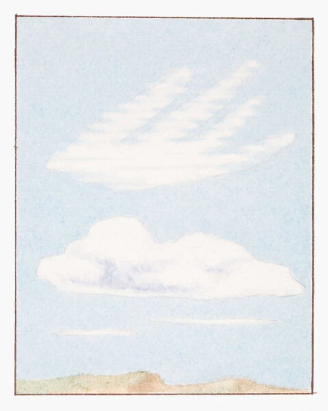 Illustration of white altostratus and cumulus cloud formations in blue sky