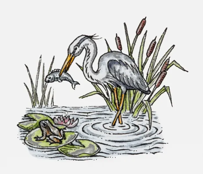 Framed Print : Illustration of a white stork holding fish in its beak, nearby a frog sitting on lily pad Framed Print : Illustration of a white stork holding fish in its beak, nearby a frog sitting on lily pad