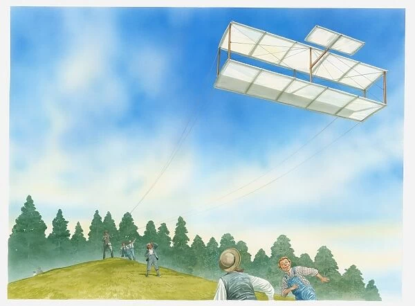 Illustration of Wilbur Wright flying a large biplane kite