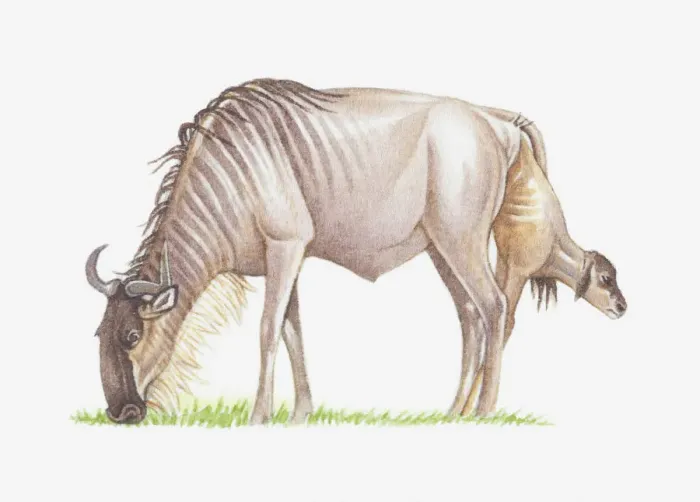 Framed Print : Illustration of wildebeest giving birth while grazing Framed Print : Illustration of wildebeest giving birth while grazing