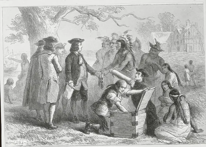Framed Print : Illustration of William Penn and Native Americans Making Treaty Framed Print : Illustration of William Penn and Native Americans Making Treaty
