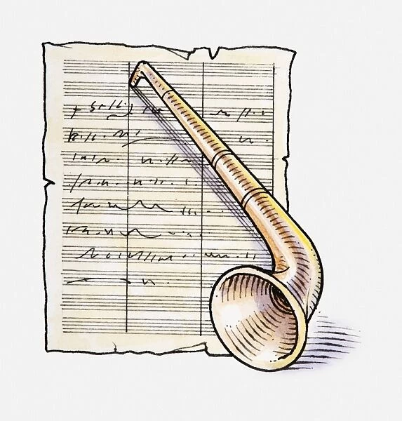 Illustration of wind instrument and sheet music