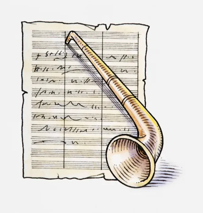 Framed Print : Illustration of wind instrument and sheet music Framed Print : Illustration of wind instrument and sheet music