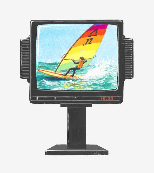 Illustration of windsurfer on colour television