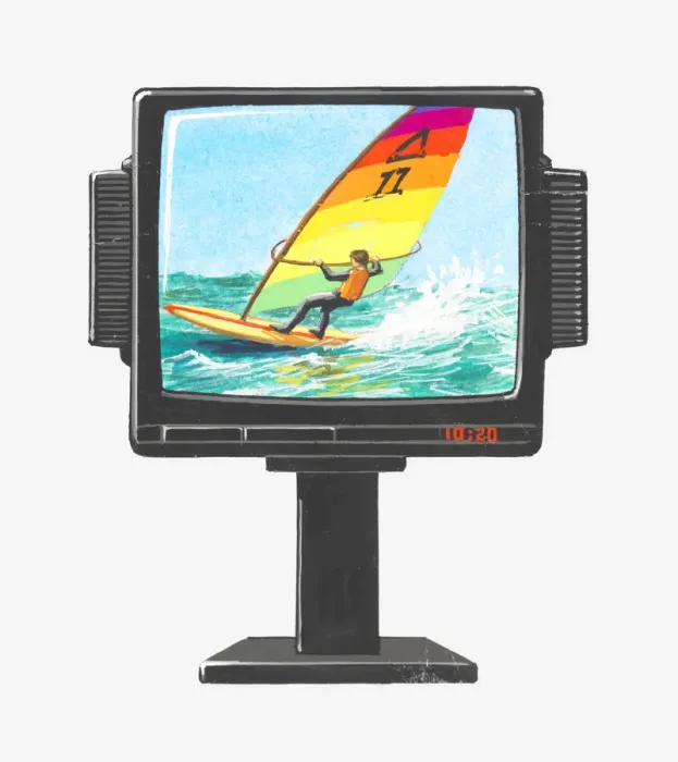 Framed Print : Illustration of windsurfer on colour television Framed Print : Illustration of windsurfer on colour television