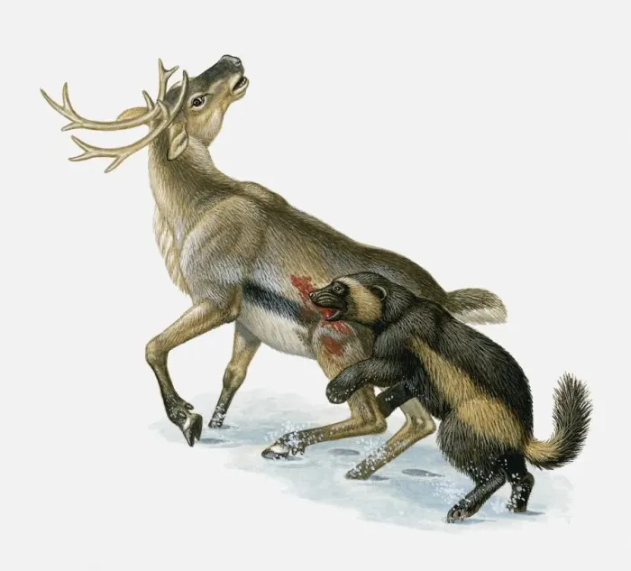 Framed Print : Illustration of Wolverine (Gulo gul) killing Caribou (Rangifer tarandus) in snow Framed Print : Illustration of Wolverine (Gulo gul) killing Caribou (Rangifer tarandus) in snow