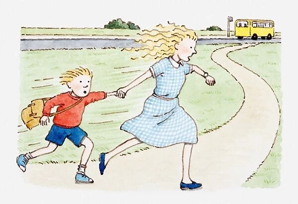Illustration of woman and boy running after school bus