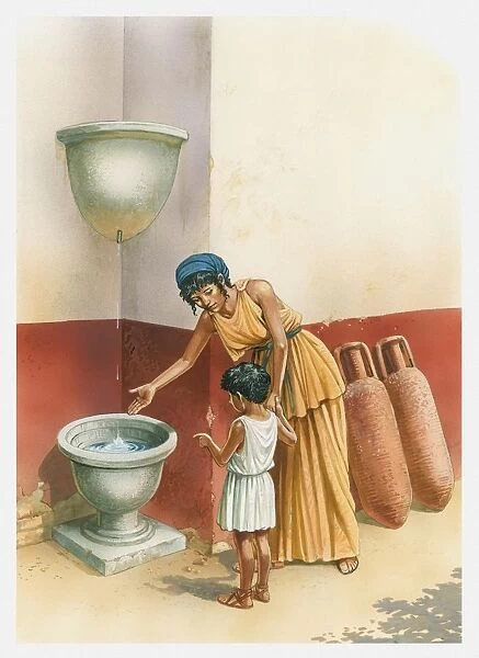Illustration of woman and boy standing in front of a water clock as used in Ancient Greece