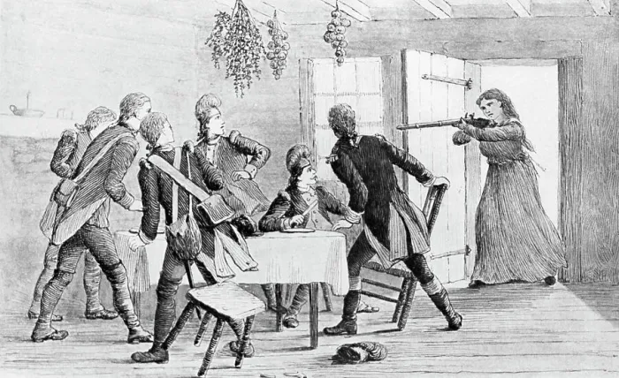 Framed Print : Illustration of Woman Capturing British Soldiers Framed Print : Illustration of Woman Capturing British Soldiers