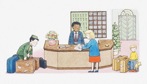 Illustration of woman checking in at hotel reception, porter picking up suitcases and boy waiting nearby