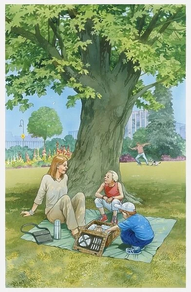 Illustration of woman and two children sitting on picnic blanket in urban park