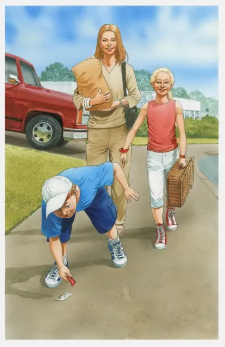 Framed Print : Illustration of woman and two children walking up a pavement, woman carrying brown paper bag, girl carrying suitcase, and boy picking up litter off the ground Framed Print : Illustration of woman and two children walking up a pavement, woman carrying brown paper bag, girl carrying suitcase, and boy picking up litter off the ground