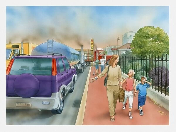 Illustration of woman and two children walking on pavement along street full of cars and trucks with fumes clouding the sky