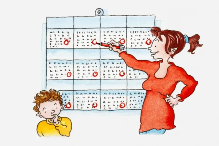 Framed Print : Illustration of woman circling dates on calendar, boy standing near her with finger in his mouth Framed Print : Illustration of woman circling dates on calendar, boy standing near her with finger in his mouth