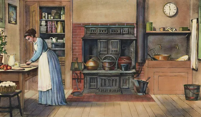 Framed Print : Illustration of Woman Cooking in Early Kitchen Framed Print : Illustration of Woman Cooking in Early Kitchen