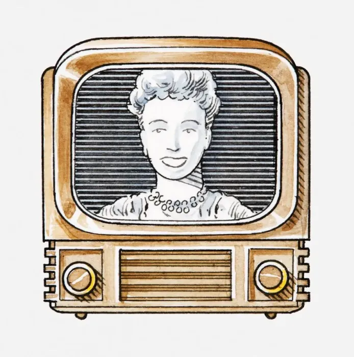 Framed Print : Illustration of a woman looking into camera on old-fashioned TV set Framed Print : Illustration of a woman looking into camera on old-fashioned TV set