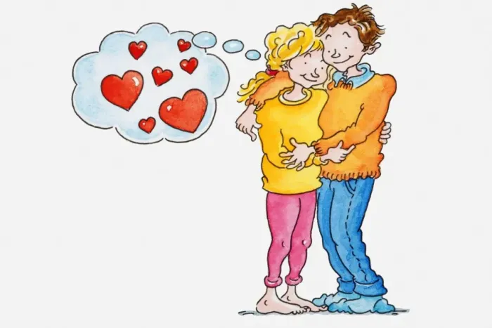 Framed Print : Illustration of a woman and man embracing each other, thought bubble with hearts inside above the womans head Framed Print : Illustration of a woman and man embracing each other, thought bubble with hearts inside above the womans head