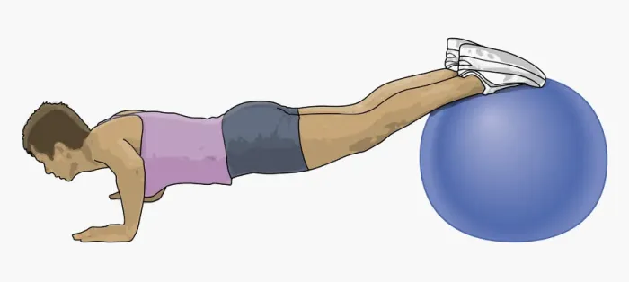 Framed Print : Illustration of woman performing press-ups with feet on large blue exercise ball Framed Print : Illustration of woman performing press-ups with feet on large blue exercise ball