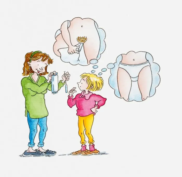 Framed Print : Illustration of woman showing tampon and sanitary pad to girl, thought bubbles above girls head visualising the use of both