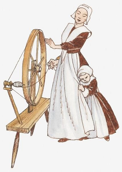 Illustration of a woman using a spinning wheel, girl clutching the womans skirt