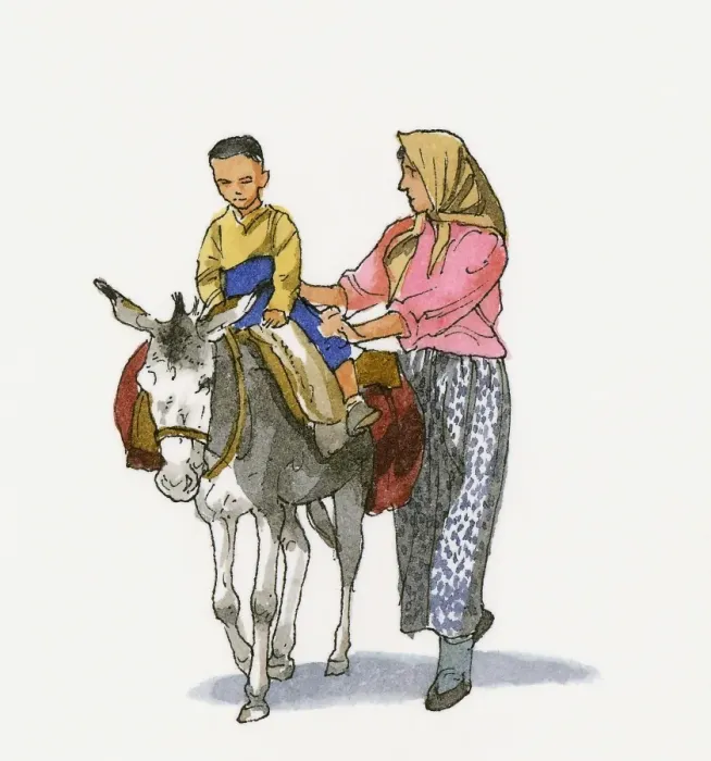 Framed Print : Illustration of woman walking with child riding donkey in Western Anatolia