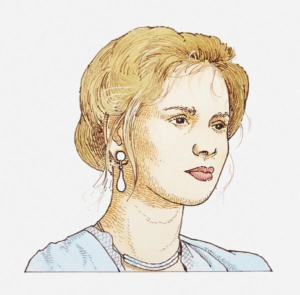 Illustration of a woman wearing earrings and her hair up, portrait