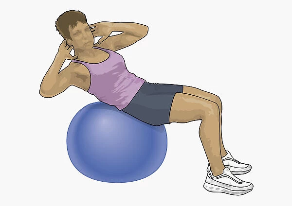 Illustration of woman working out on large blue exrecise ball