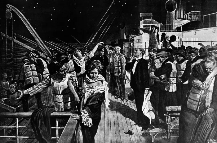 Framed Print : Illustration of Women and Children Boarding Titanic Lifeboats Framed Print : Illustration of Women and Children Boarding Titanic Lifeboats