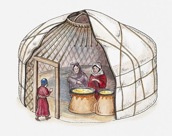 Illustration of two women inside Mongol yurt and child walking through entrance
