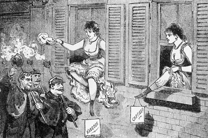 Framed Print : Illustration Women Seated on Windowsills Show Campaign Signs for Garfield and Hancock Framed Print : Illustration Women Seated on Windowsills Show Campaign Signs for Garfield and Hancock