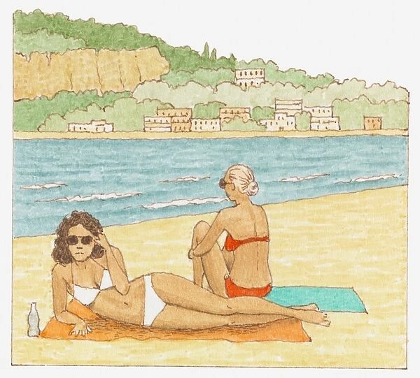 Illustration of two women sunbathing on beach